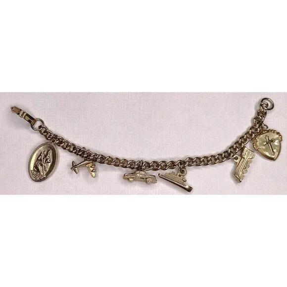 Vintage Gold Tone Charm Bracelet Airplane Cruise Ship Train Engine Florida Cross - Picture 1 of 13